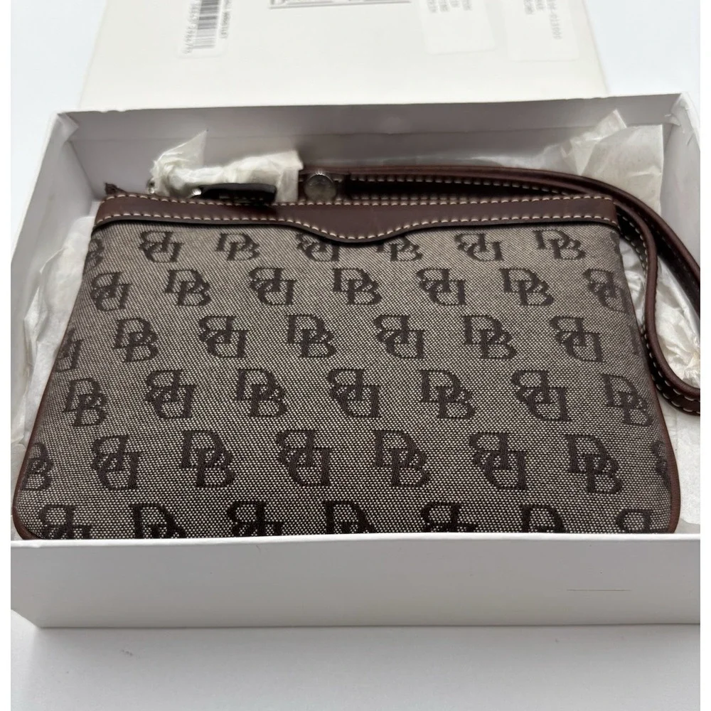 Dooney & Bourke Small Wristlet Brown Signature DB Monogram Leather Trim NIB Gift
